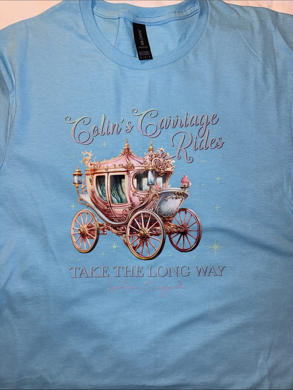Gildan Light Blue Short Sleeve Tee with Ornate Carriage Graphic